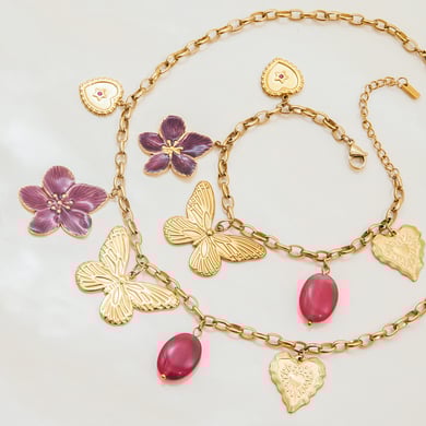 Collier avec pendentif en acier inoxydable doré pour femme, motif fleur et papillon h5 Image6
