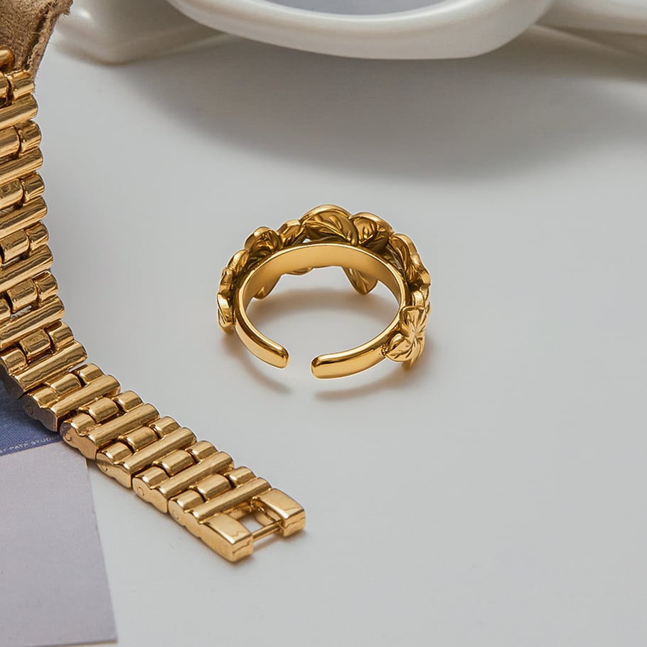 1 stuk romantische serie natuurlijke bloemen roestvrij staal goudkleurige statement ringen Afbeelding7