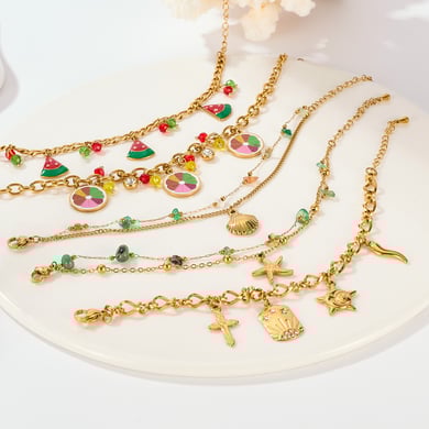 Pulseras con dijes de frutas diarias de acero inoxidable color dorado para mujer. h5 Imagen3