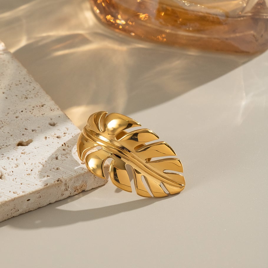 1 Piece Leaf Shape Stainless Steel Gold Color Statement Ring h5Picture4