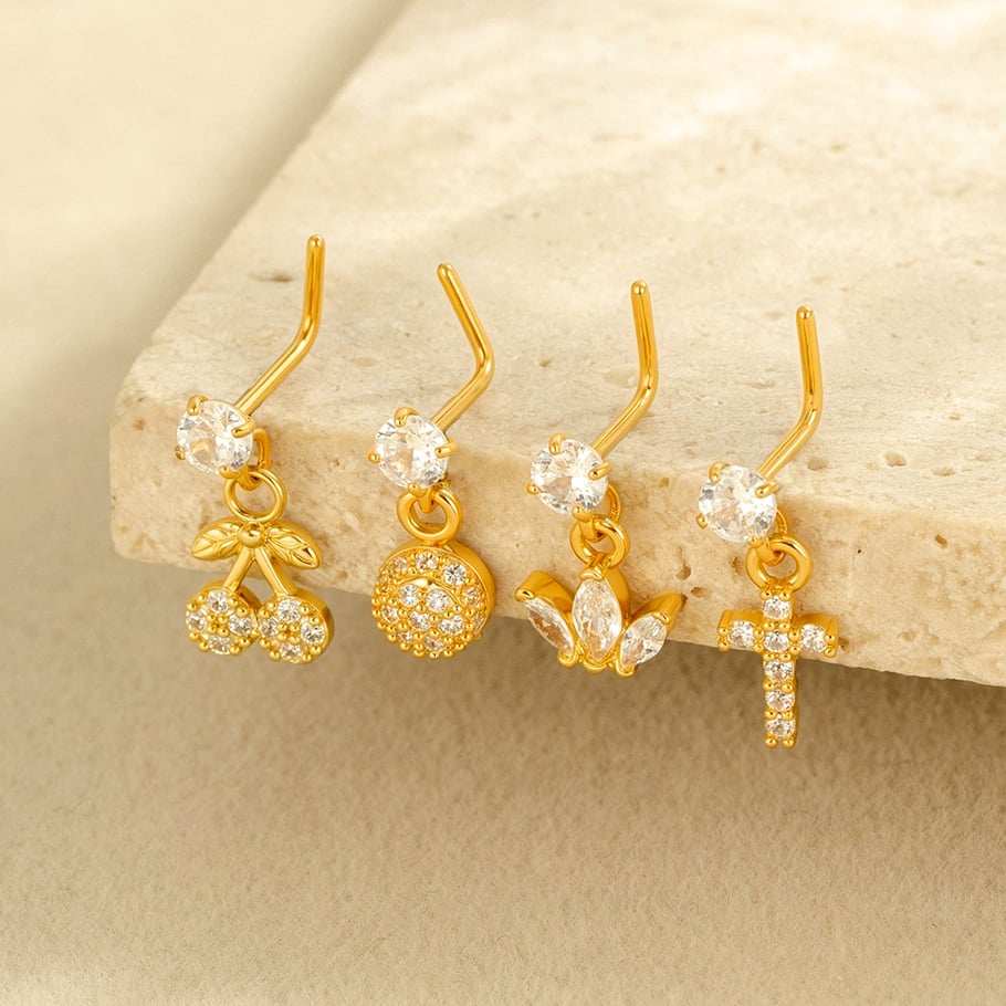 1 paire de piercings de nez pour femme, série Simple, croix simple, cuivre, couleur or, zircon Image4