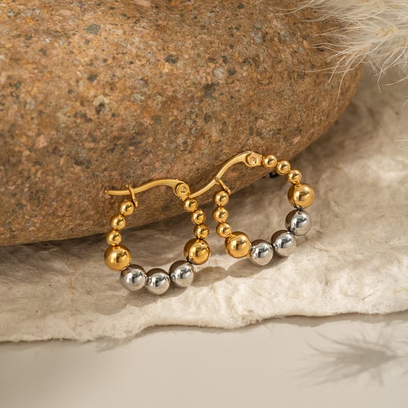1 Pair Stainless Steel Mixed Color Beaded Hoop Earrings