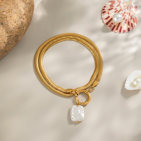 1 Piece Stainless Steel Gold Color Pearl Pendant Necklace 2