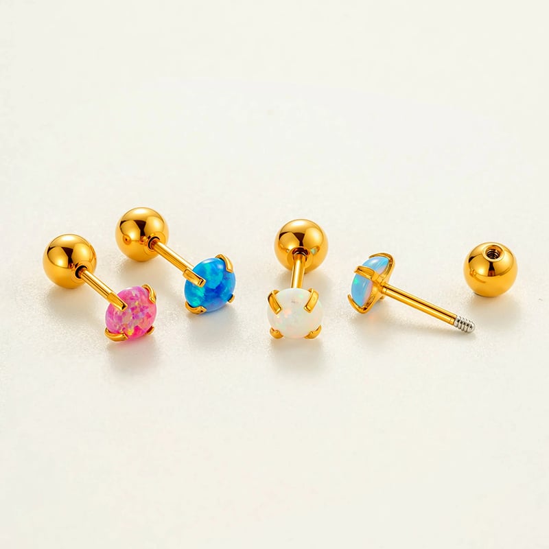 Boucles d&#39;oreilles piercing pour femme en acier inoxydable couleur or avec opale polychrome Image3