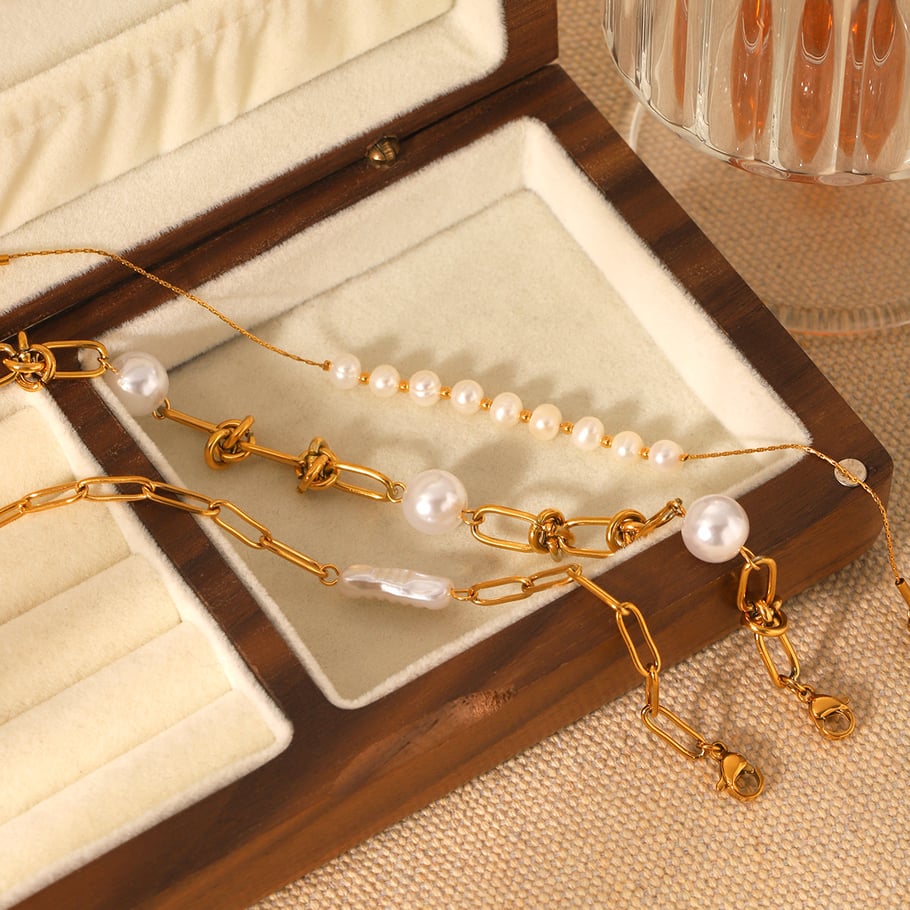 1 Paar Simple Series Daily Beads Edelstahl Goldfarben Perlen Damen Perlenarmbänder Bild4