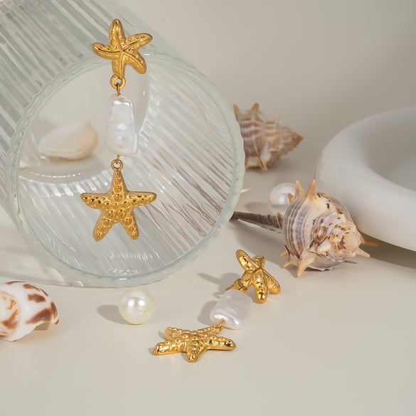 1 Pair Starfish Stainless Steel Gold Color Drop Earrings 2