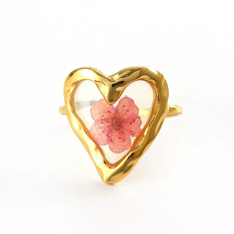 Bague en acier inoxydable couleur or avec cœur et fleur, 1 pièce 