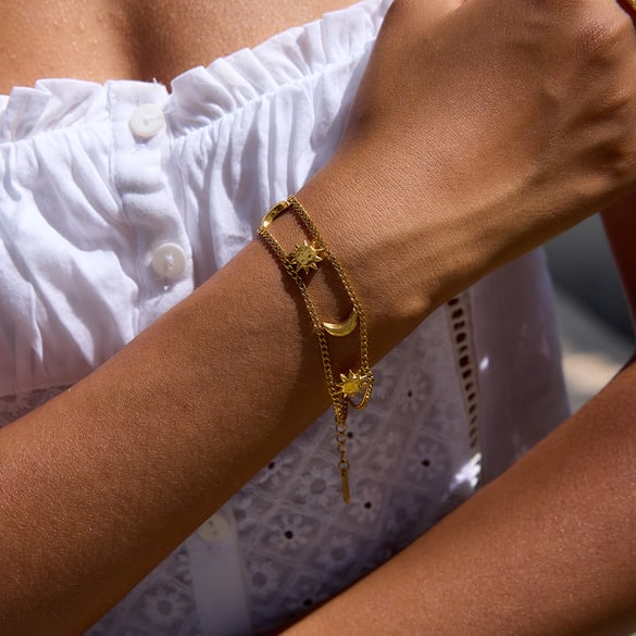 1 Piece Luxurious Series Retro Sun&Moon Stainless Steel Gold Color Women's Chain Bracelets 2
