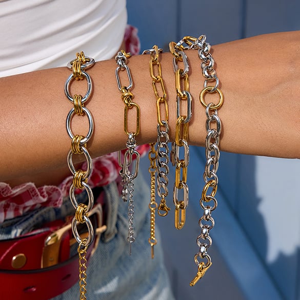 1 Stück einfache Patchwork-Armbänder aus Edelstahl in Goldfarbe für Damen 2