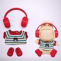Camiseta de rayas rojas + botas de lluvia rojas + auriculares rojos 