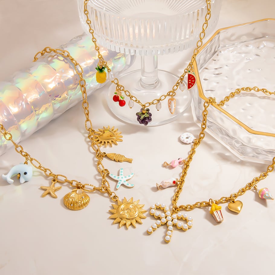1 par de collares colgantes de acero inoxidable dorados con diseño de planta informal de serie lujosa para mujer Imagen3