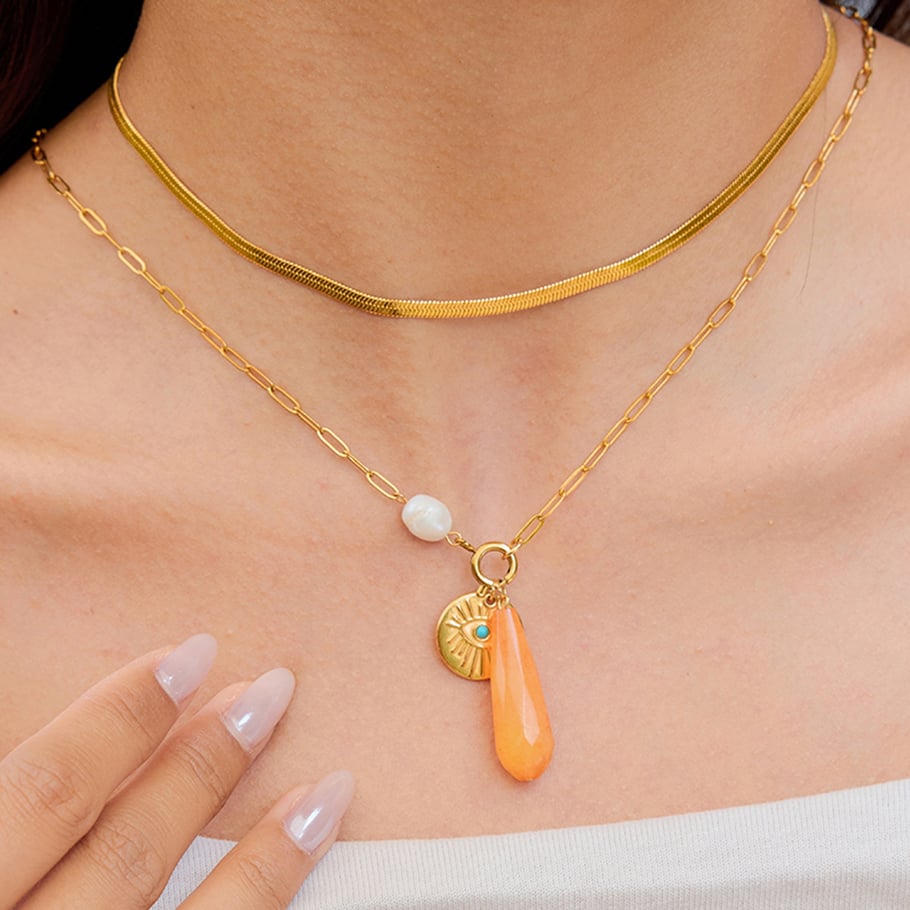 1 pezzo di collana con ciondolo da donna in acciaio inossidabile color oro con pietra naturale irregolare Immagine4