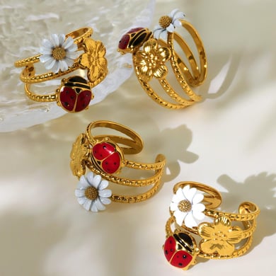 1 pezzo di anello con zirconi color oro in acciaio inossidabile con motivo a insetto vivido h5 Immagine5