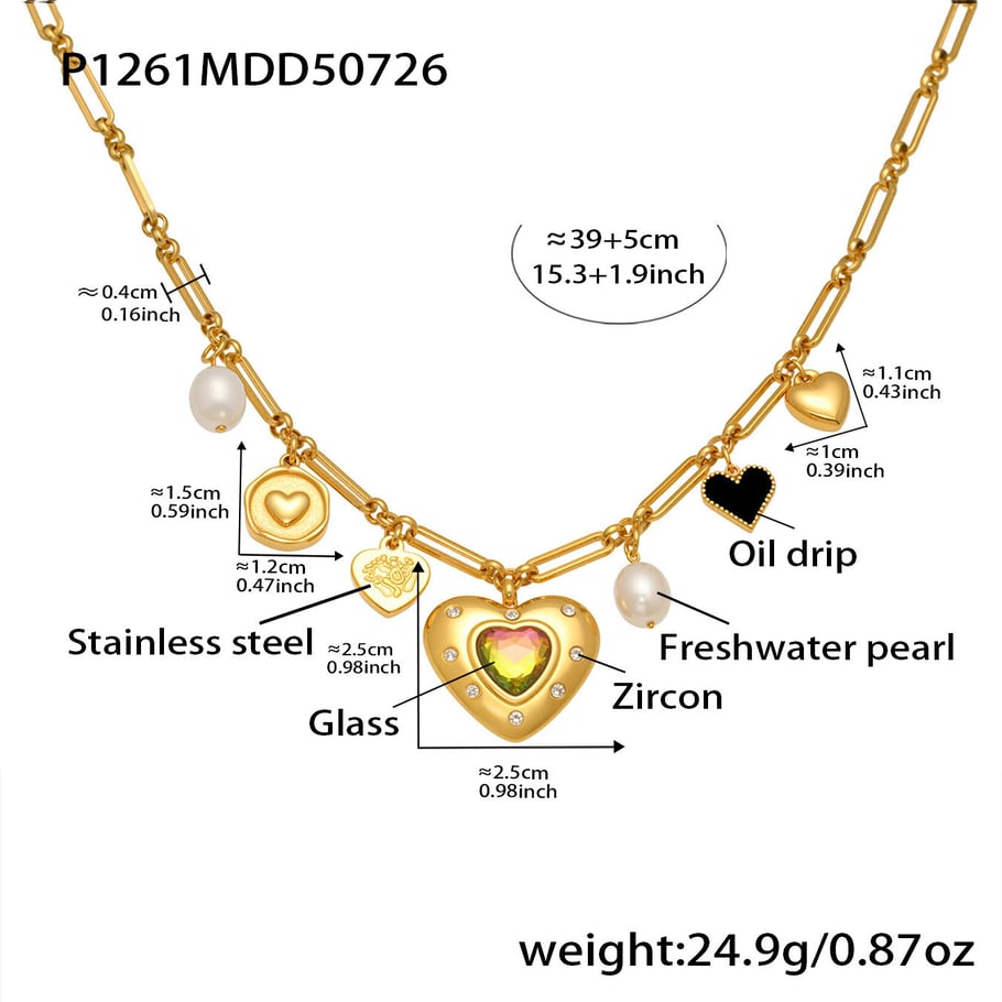 1 pezzo di collana con ciondolo a forma di cuore in zircone di lusso in acciaio inossidabile color oro da donna 