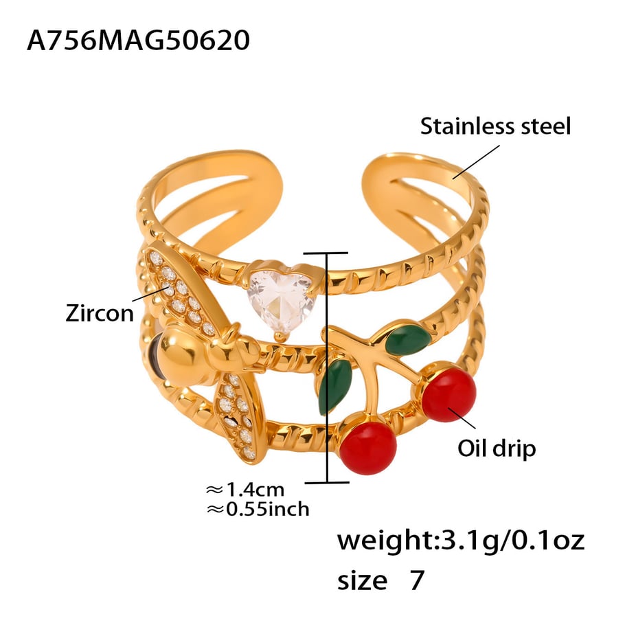 1 Piece Sweet Cherry Stainless Steel Gold Color Statement Rings Picture2