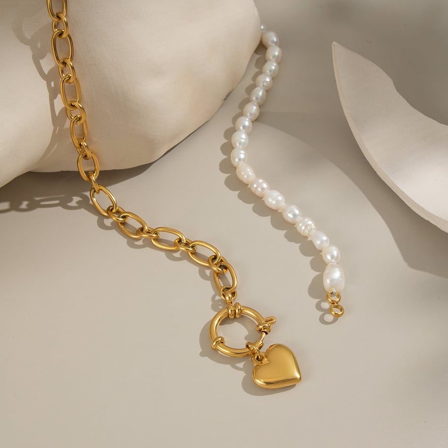Collana con perle in acciaio inossidabile a forma di cuore, 1 pezzo Immagine2