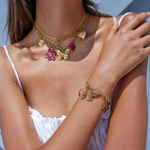 1 Piece Sweet Flower&Butterfly Stainless Steel Gold Color Women's Pendant Necklaces