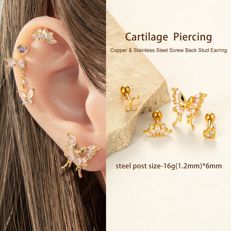 1 pieza de delicados pendientes de mariposa con circonitas color cobre y dorado. Imagen5