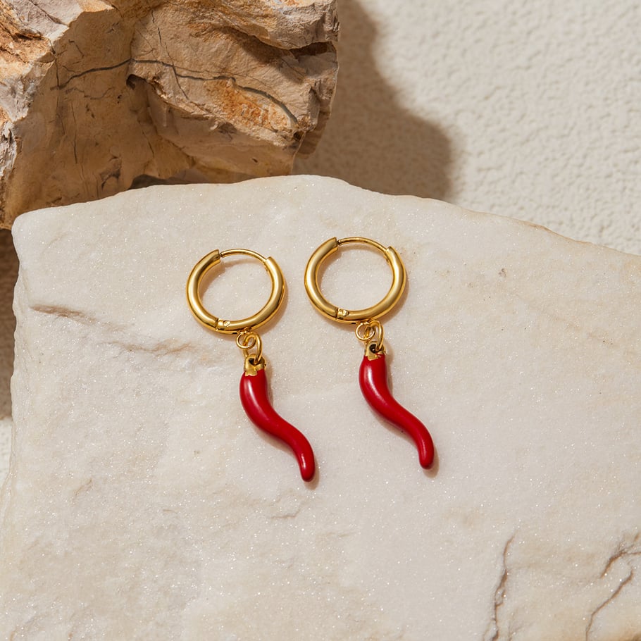 1 paire de boucles d&#39;oreilles pendantes en acier inoxydable couleur or pour femme, motif piment rouge audacieux Image7