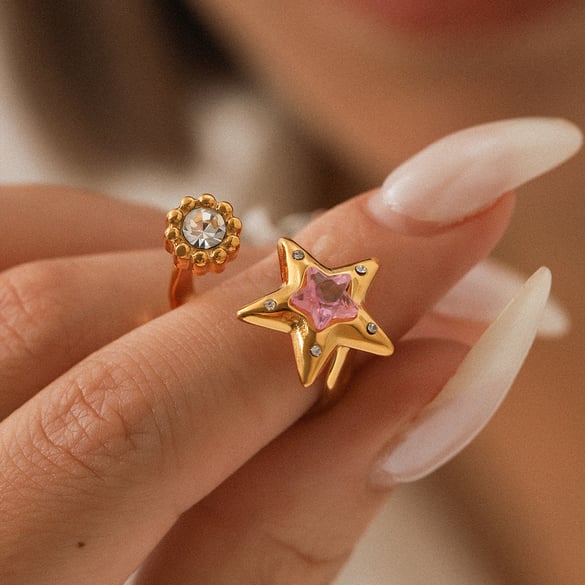 1 Piece Daily Star Stainless Steel Gold Color Zircon Statement Rings 2