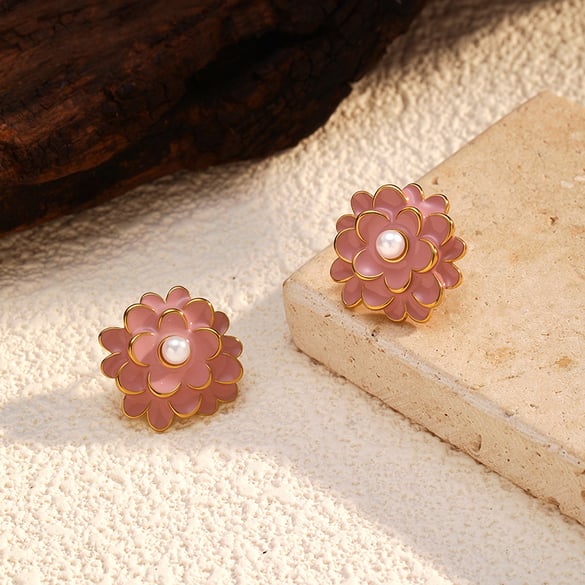 1 Paar Ohrstecker im Retro-Blumen-Design aus Edelstahl in Goldfarbe 2