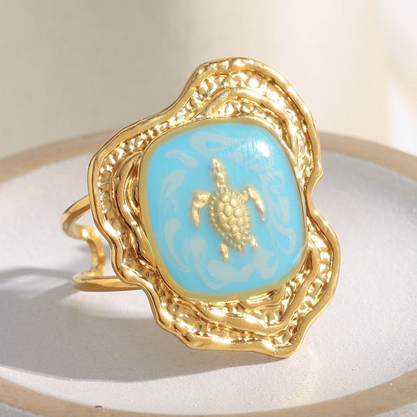 Bague de déclaration en acier inoxydable, série romantique, motif tortue de vacances, 1 pièce 2