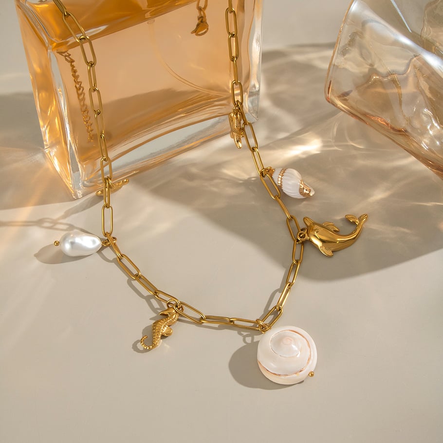 1 stuk natuurlijke schelp roestvrij staal goudkleurige hanger ketting Afbeelding4
