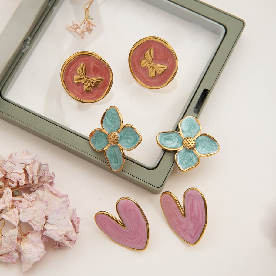 1 Pair Gorgeous Flower Stainless Steel Gold Color Women's Stud Earrings Picture7