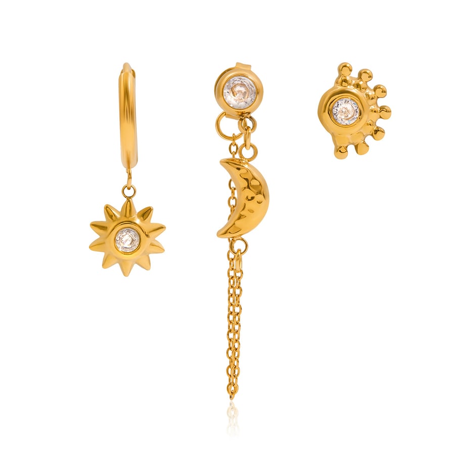 1 juego de pendientes elegantes de acero inoxidable color dorado con diseño de sol y luna para mujer. 