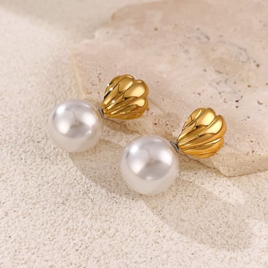 1 paio di orecchini a bottone classici da donna in acciaio inossidabile color oro a forma di conchiglia h5 Immagine4