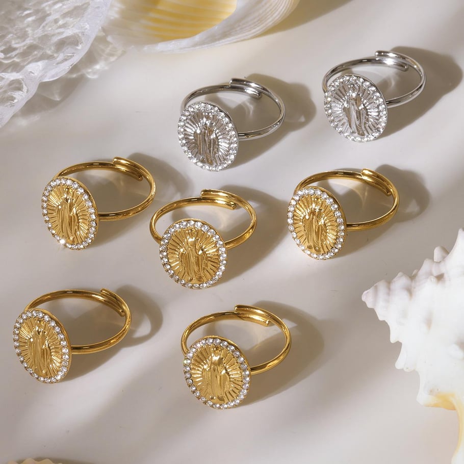 Set di gioielli da donna in acciaio inossidabile color oro con zirconi, 1 pezzo, con figura retrò Immagine6