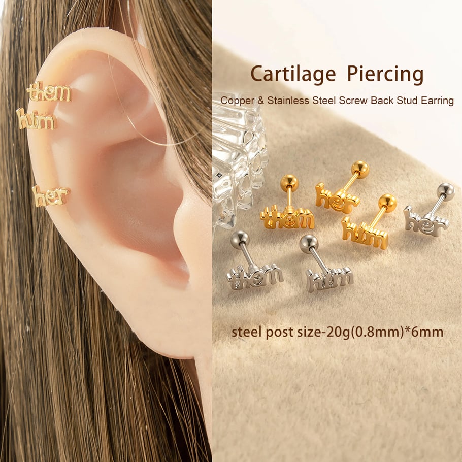 1 Adet Harfli Bakır Altın Rengi Zirkonyum Piercing Küpe Resim4