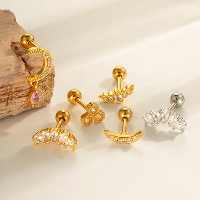 1 Piece Moon Copper Gold Color Zircon Piercing Earring h5 Picture4