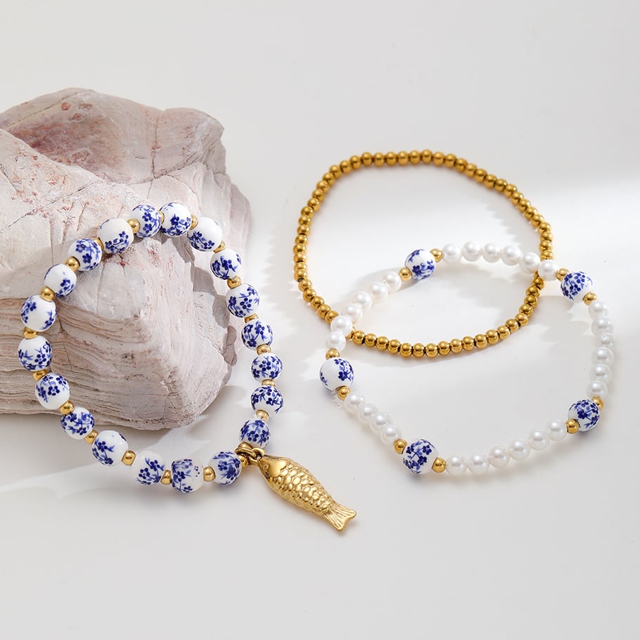 1 Piece Classic Series Elegant Flower Ceramics  Gold Color  Women's Beaded Bracelets Picture3