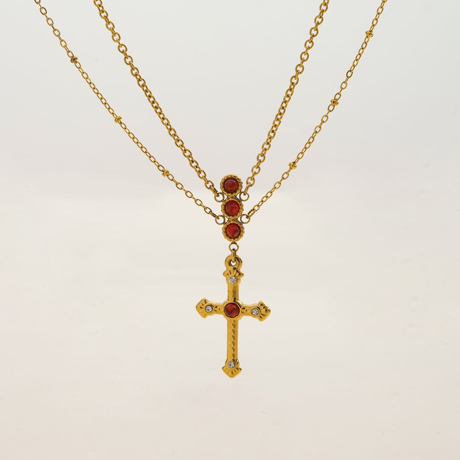 Collier luxueux en acier inoxydable doré avec croix rouge pour femme, 1 pièce Image5