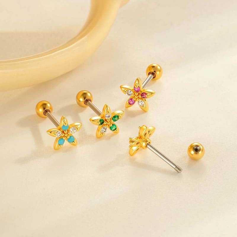 1 Adet Çiçek Bakır Altın Rengi Zirkonyum Piercing Küpe Resim3
