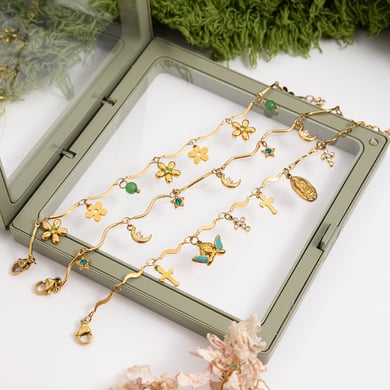 Pulseras con dijes de flores exquisitas de acero inoxidable color dorado para mujer, 1 pieza h5 Imagen8