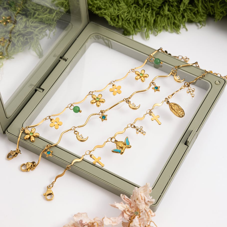 Pulseras con dijes de flores exquisitas de acero inoxidable color dorado para mujer, 1 pieza Imagen8
