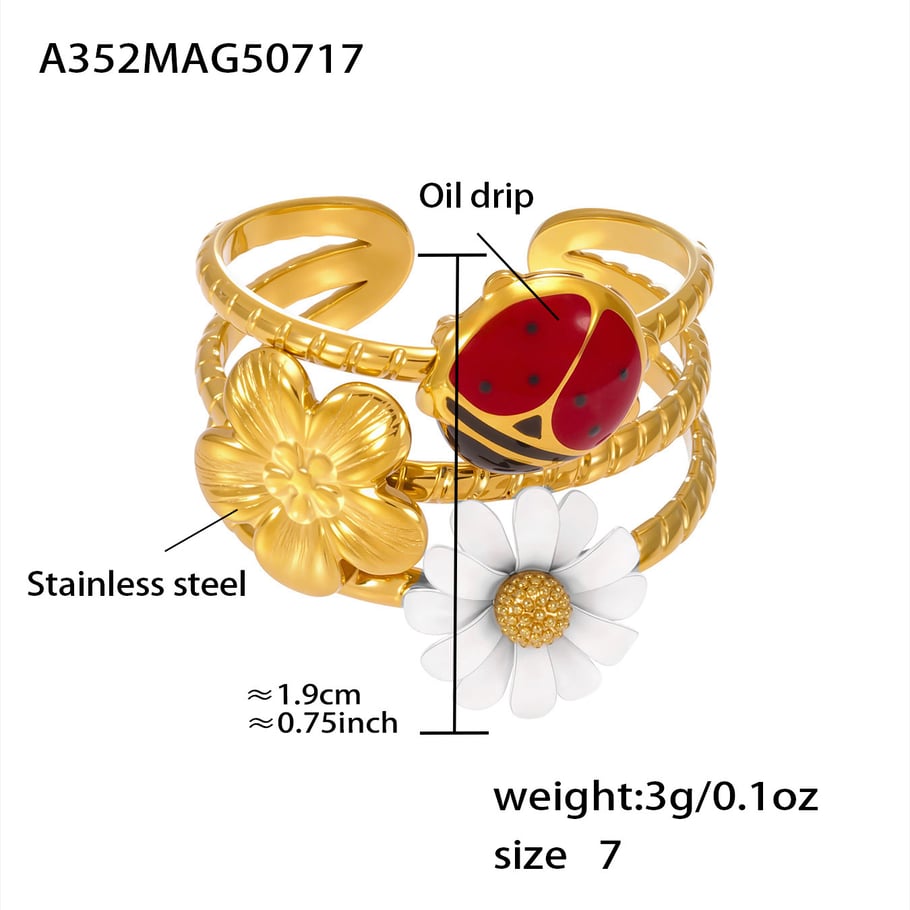 1 pezzo di anello con zirconi color oro in acciaio inossidabile con motivo a insetto vivido 