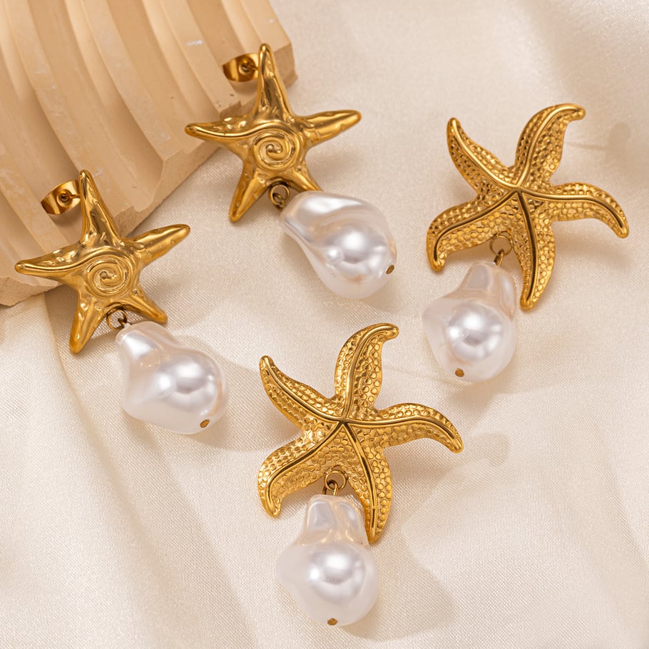 1 Pair Starfish Stainless Steel  Gold Color Drop Earrings Picture4