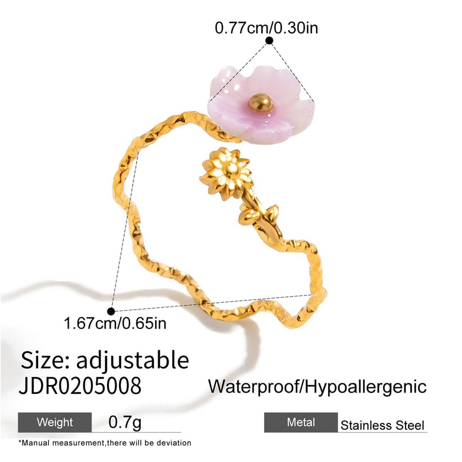 Anillos llamativos de acero inoxidable en color dorado con diseño de flores elegantes de 1 pieza Imagen2