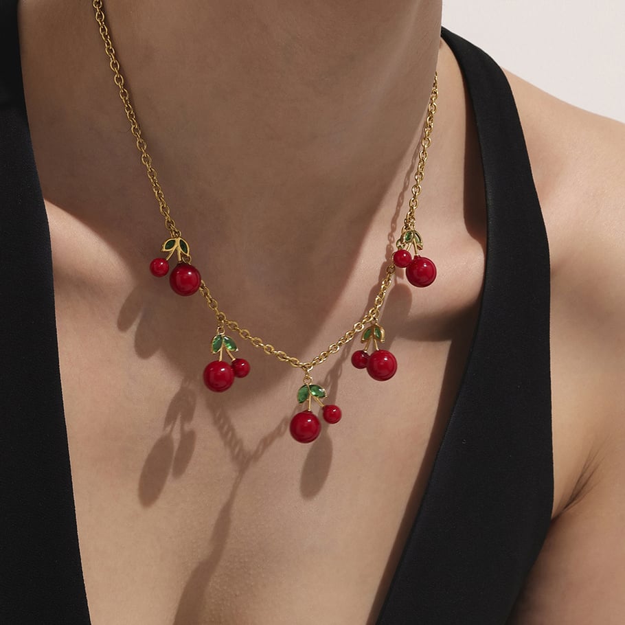 Set di gioielli da donna color oro in acciaio inossidabile color ciliegia dolce, 1 pezzo Immagine3