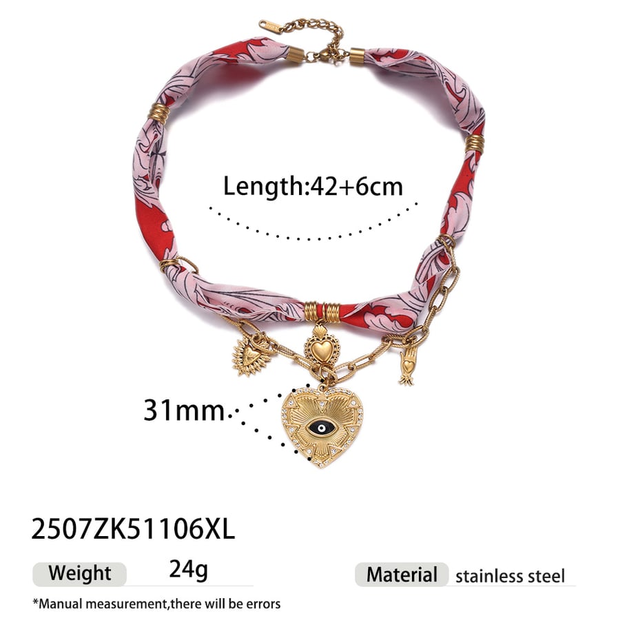 1 Piece Retro Heart Stainless Steel Gold Color Fabric Pendant Necklace 