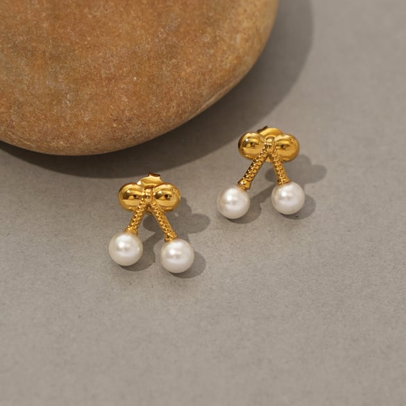 1 Pair Sweet Cherry Stainless Steel  Gold Color  Women's Stud Earrings 2