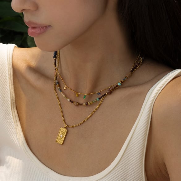 1 Piece Sun Gold Color Natural Stone Pendant Necklace 2