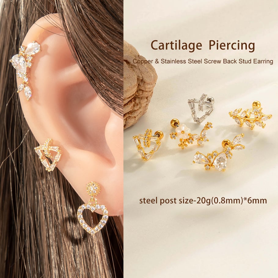 1 Piece Heart Copper Gold Color  Zircon Piercing Earring Picture4
