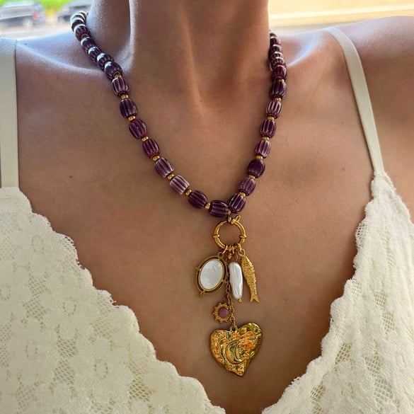 Collier de perles rétro en acier inoxydable couleur or avec cœur, 1 pièce 2