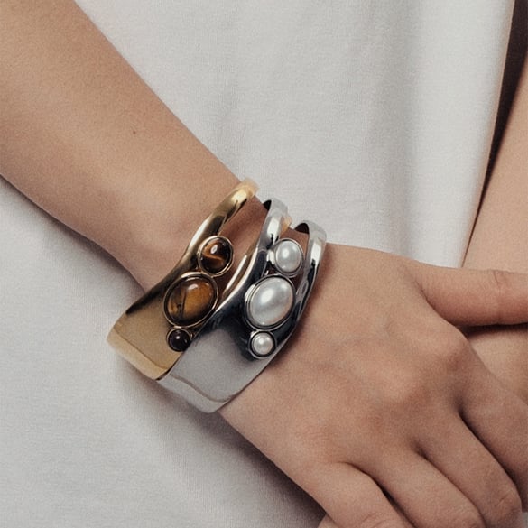 1 Pair Simple Series Daily Stainless Steel Gold Color Pearl Women's Bangles