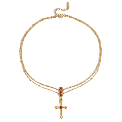 Collier luxueux en acier inoxydable doré avec croix rouge pour femme, 1 pièce h5 