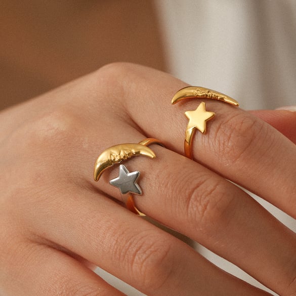 Anelli statement in acciaio inossidabile color oro con luna giornaliera, serie semplice, 1 pezzo